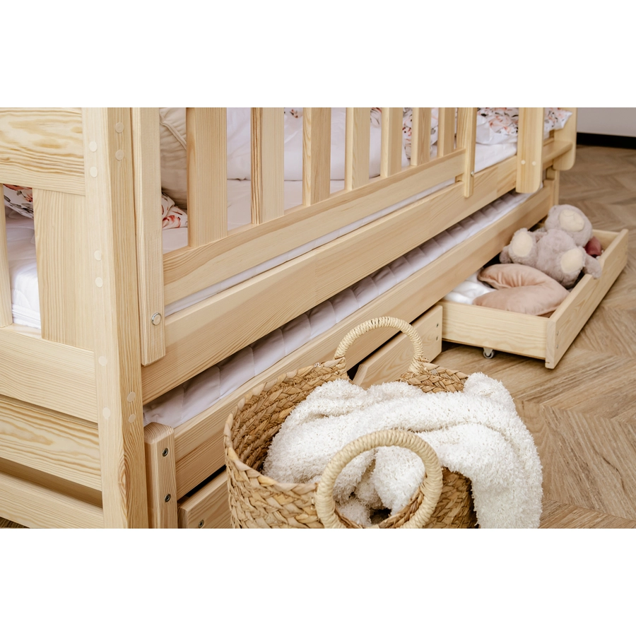 Kids Collective Hochbett 90x200 mit Ausziehbett Etagenbett mit Ausziehfunktion, 2 Schubladen natur mit Schublade