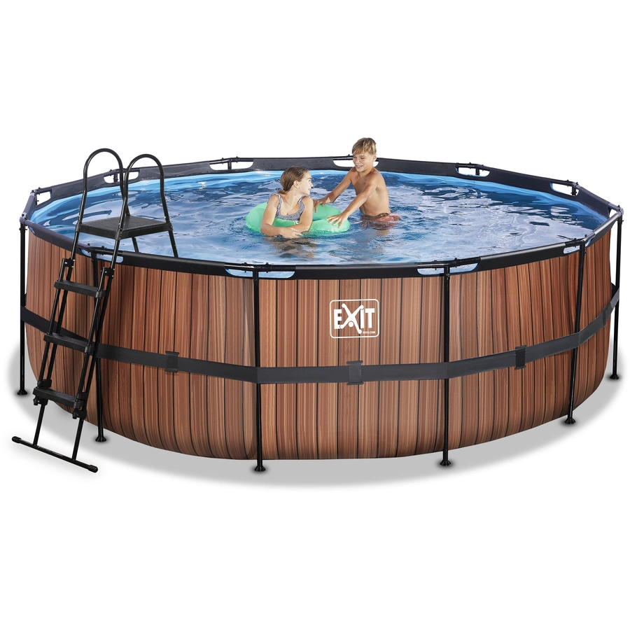 EXIT Frame Pool ø427x122cm (12v Kartusche Filterpumpe) – Holz optik