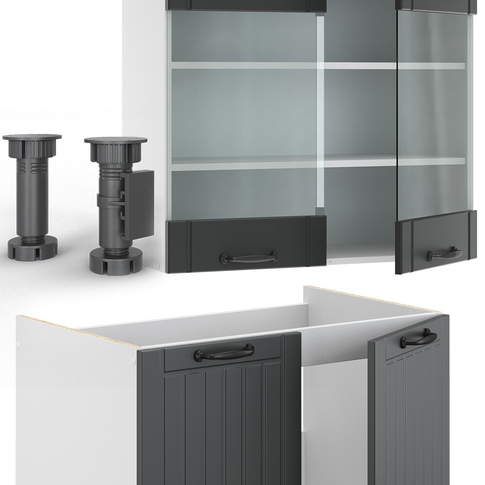 Vicco Küchenzeile Küchenblock Einbauküche Fame-Line Landhaus Weiß Dunkelgrau 235 cm Küchen Schränke Hängeglasschrank Hängeschrank Schubladenunterschrank Spülenunterschrank Herdumbauschrank