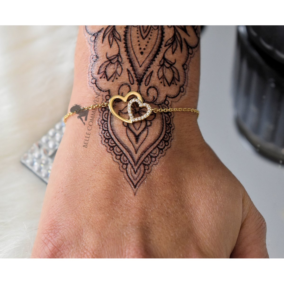Bracelet 2 coeurs sertis oxyde de zirconium Plaqué OR 750 3 microns