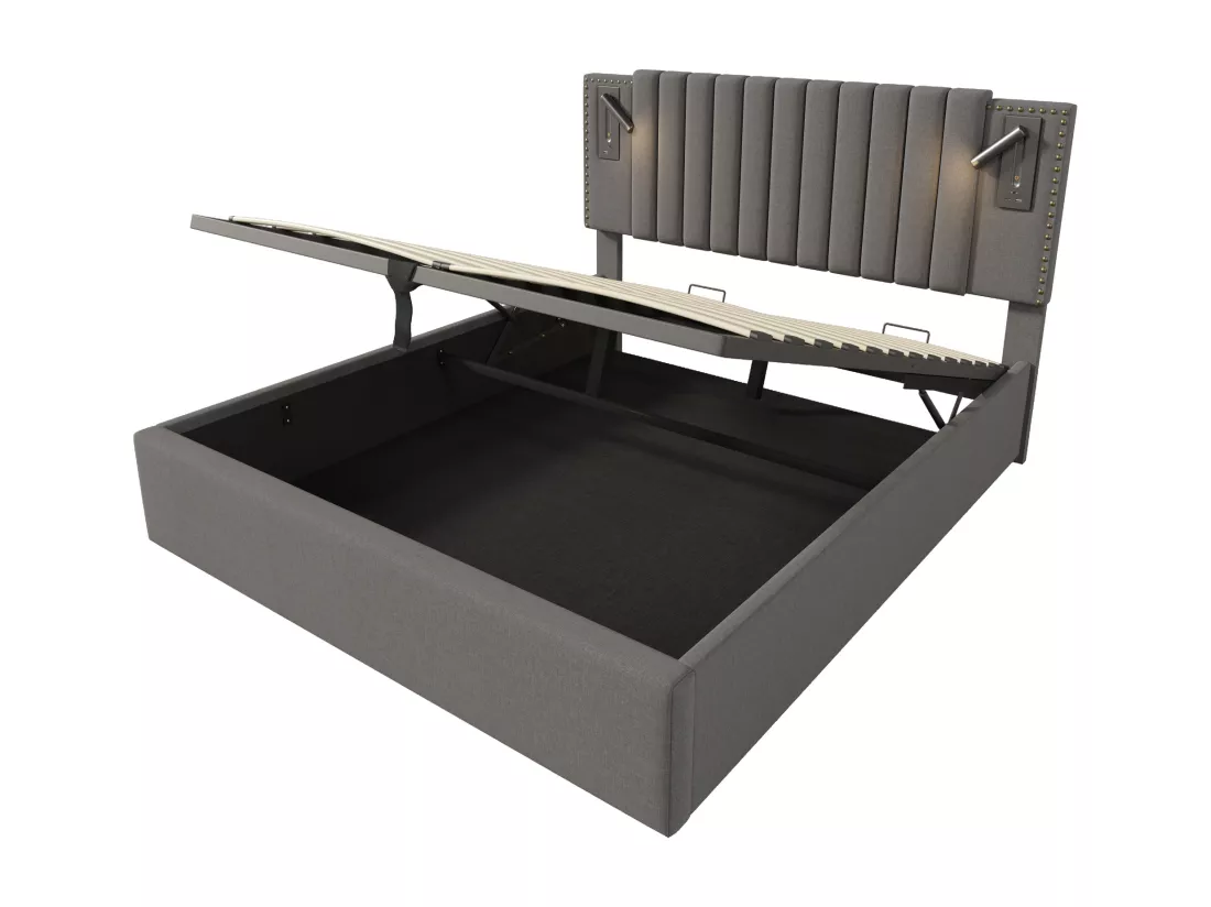 Lit coffre 180x200cm en tissu de cotton - avec lampes de lecture et Ports de charge USB - avec sommier à lattes - Gris