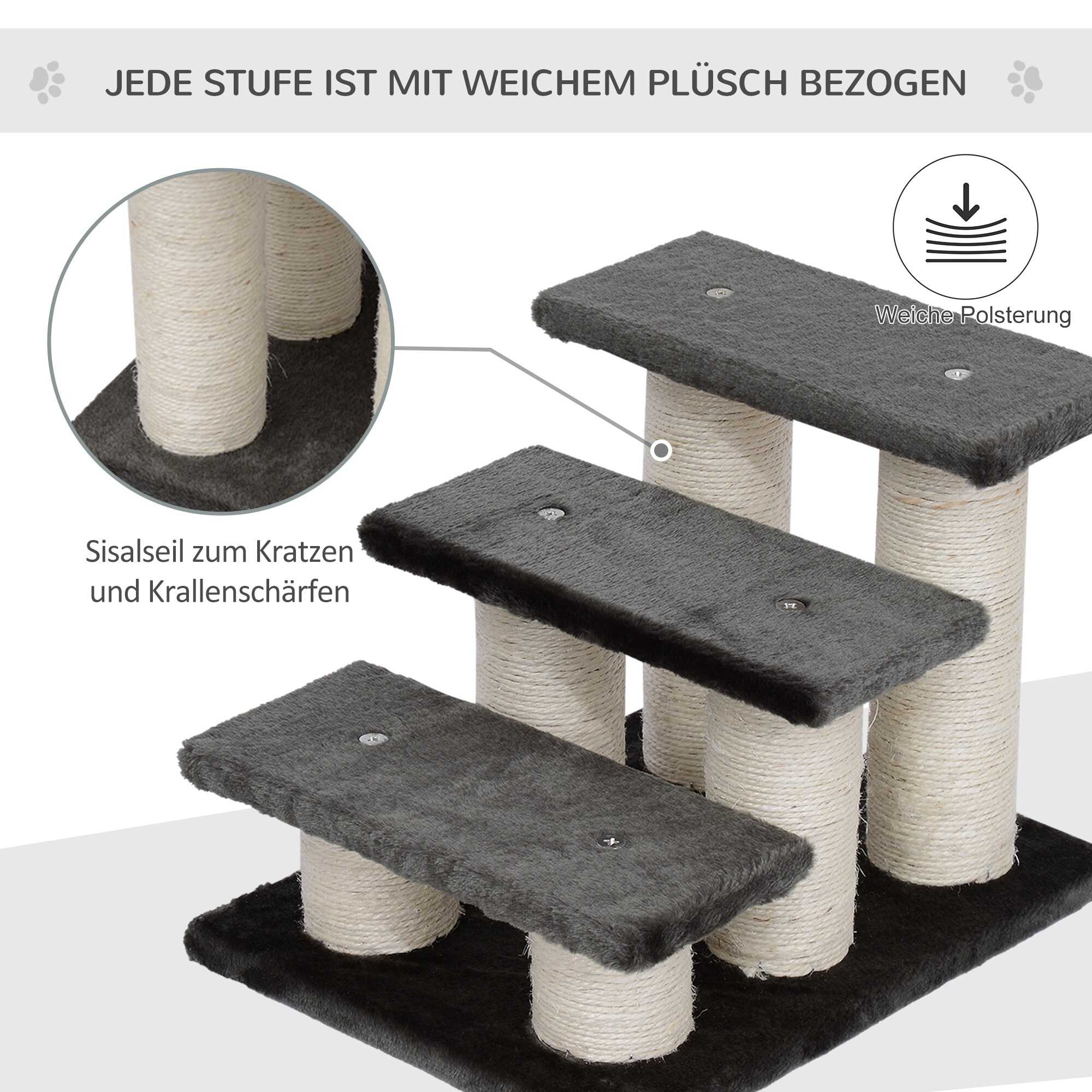 PawHut Katzentreppe mit 3 Stufen grau 45 x 35 x 34 cm (LxBxH)