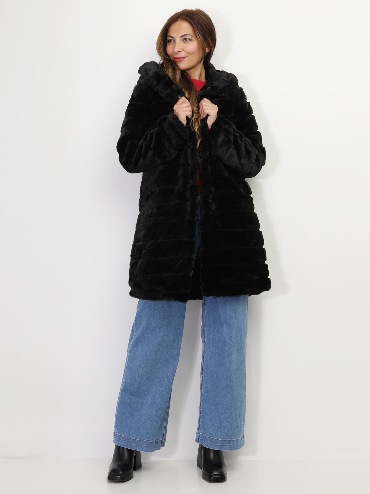 Manteau long à fausse fourrure- Noir