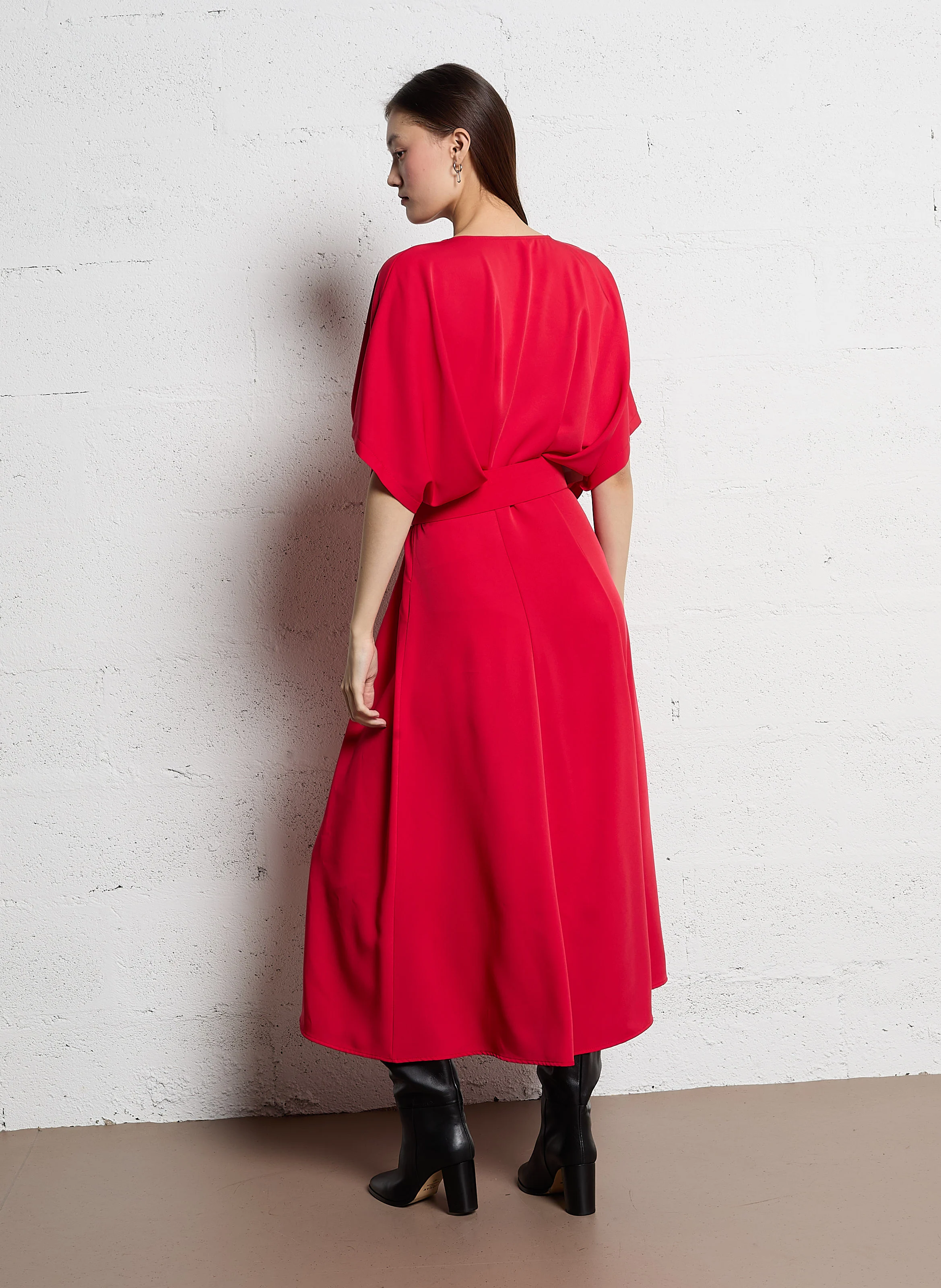 Robe longue col rond ceinturée | Rouge