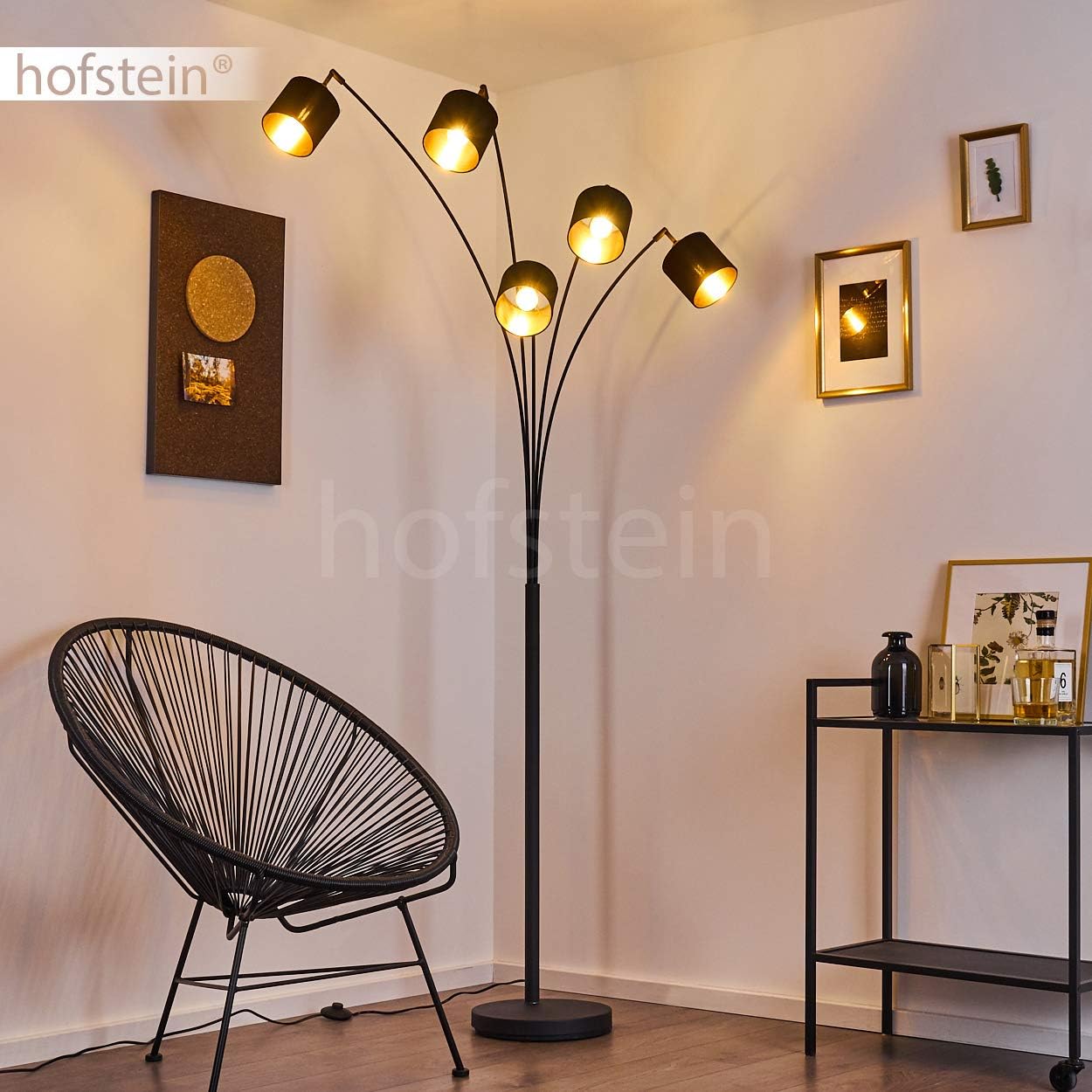 Stehlampe Alsen, moderne Stehleuchte aus Metall/Stoff in Schwarz/Gold, 5-flammig, 5 x E14, Höhe 204 cm, Bodenlampe mit verstellbaren Textil-Schirmen und Fußschalter am Kabel, ohne Leuchtmittel
