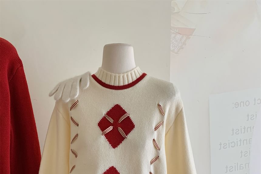 Dute - Argyle oversized trui met ronde hals / geruite mini-A-lijn rok met gemiddelde taille