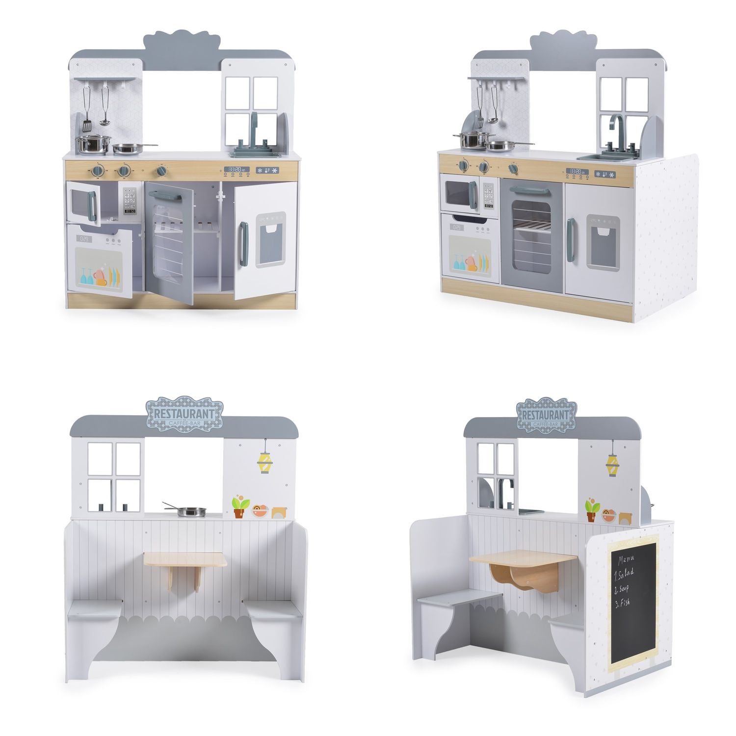Moni 7261 Kinderküche 2 in 1 Sitzgelegenheit Holz 110 cm hoch Spülbecken Zubehör weiß