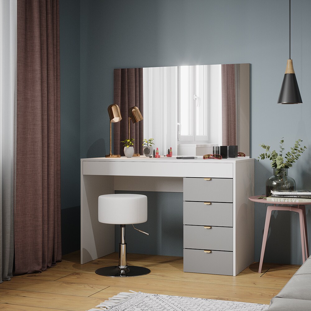 Vicco Schminktisch Elise Weiß Grau 115 x 76 cm modern Frisiertisch Schubladen Spiegel Hocker