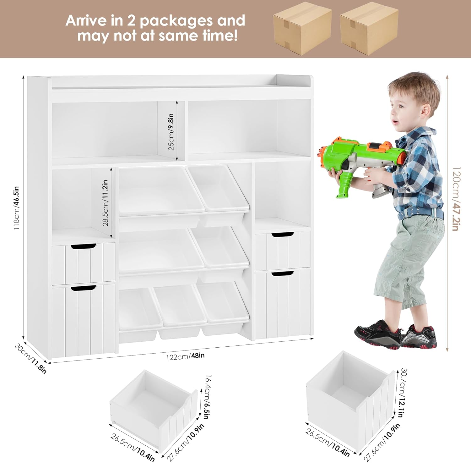 HOCSOK Kinderregal mit Boxen auf Rollen, Kinderbücherregal mit 4 Ablagefächern, Spielzeugregal Kinderzimmer für Schlafzimmer Kindergarten, Weiß, 122x118x30cm