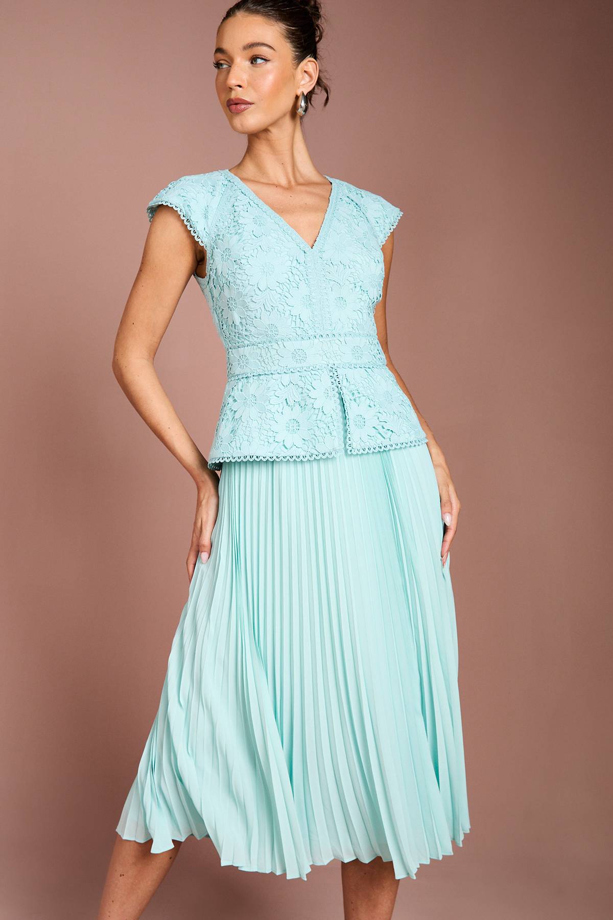 Coast Robe Midi à Col V avec Bustier en Dentelle et Basque