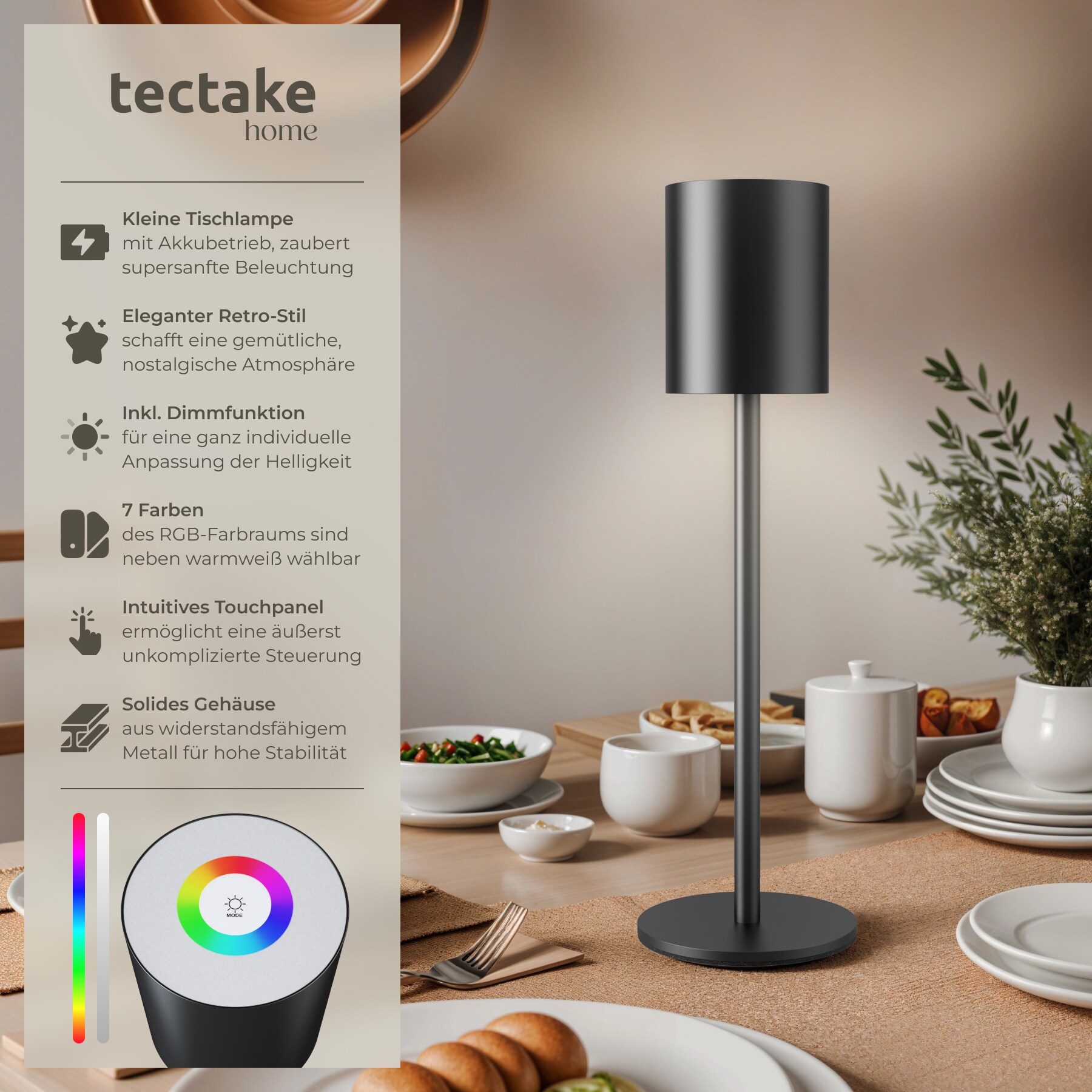 tectake® Akku-Tischlampe, Retro-Design, LED, 5 W, Touchpanel, inkl. Ladekabel, 10 x 37 cm