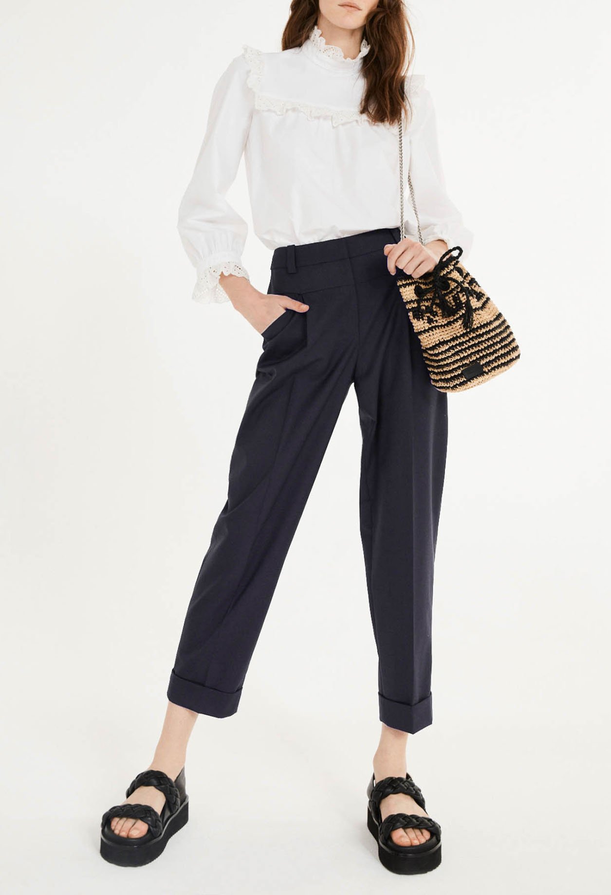 Pantalon &agrave; revers laine tra&ccedil;able