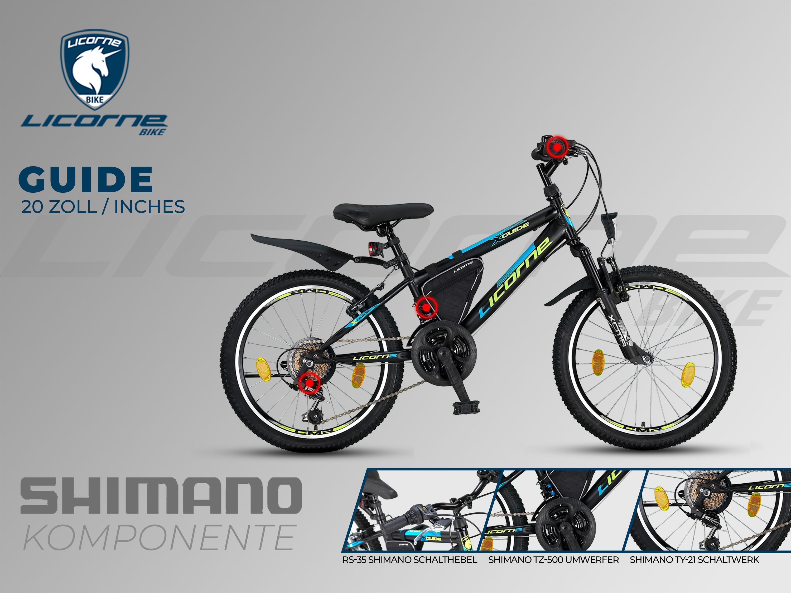 Licorne Bike Guide Premium Mountainbike in 20, 24 und 26 Zoll - Fahrrad für Mädchen, Jungen, Herren und Damen - Shimano 21 Gang-Schaltung, Kinderfahrrad, Kinder