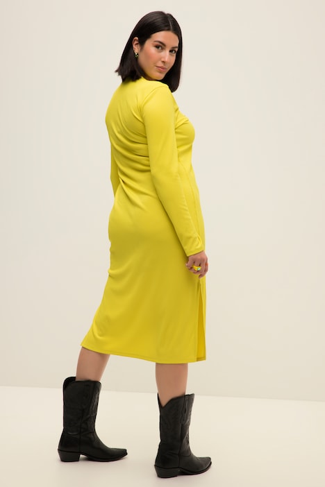 Midikleid, A-Line, Ripp-Jersey, V-Ausschnitt, Zierring, Langarm