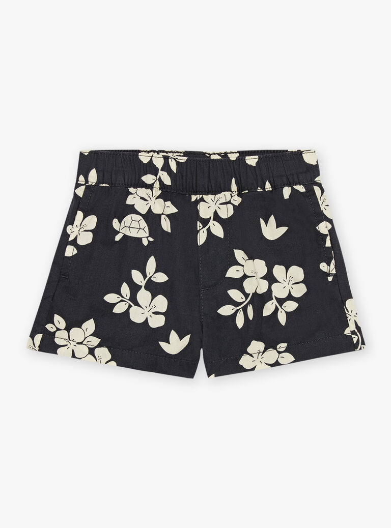 Short en popeline noir ardoise à imprimé feuilles et tortues