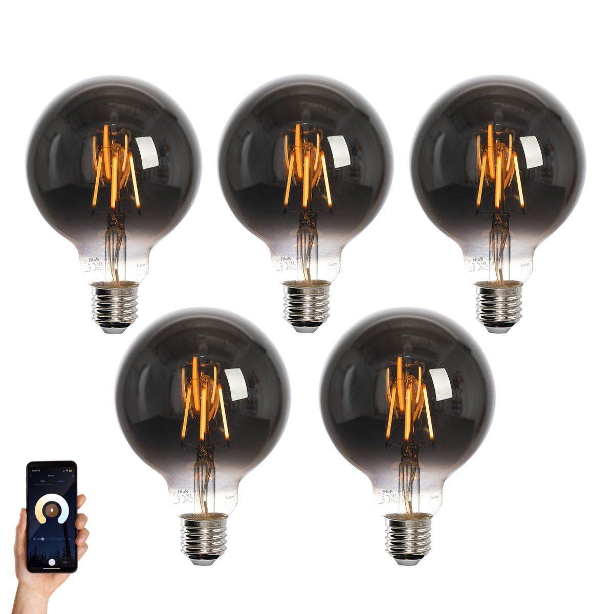 Set van 5 Smart E27 LED lamp G95 smoke 4W 60 lm 1800-3000K