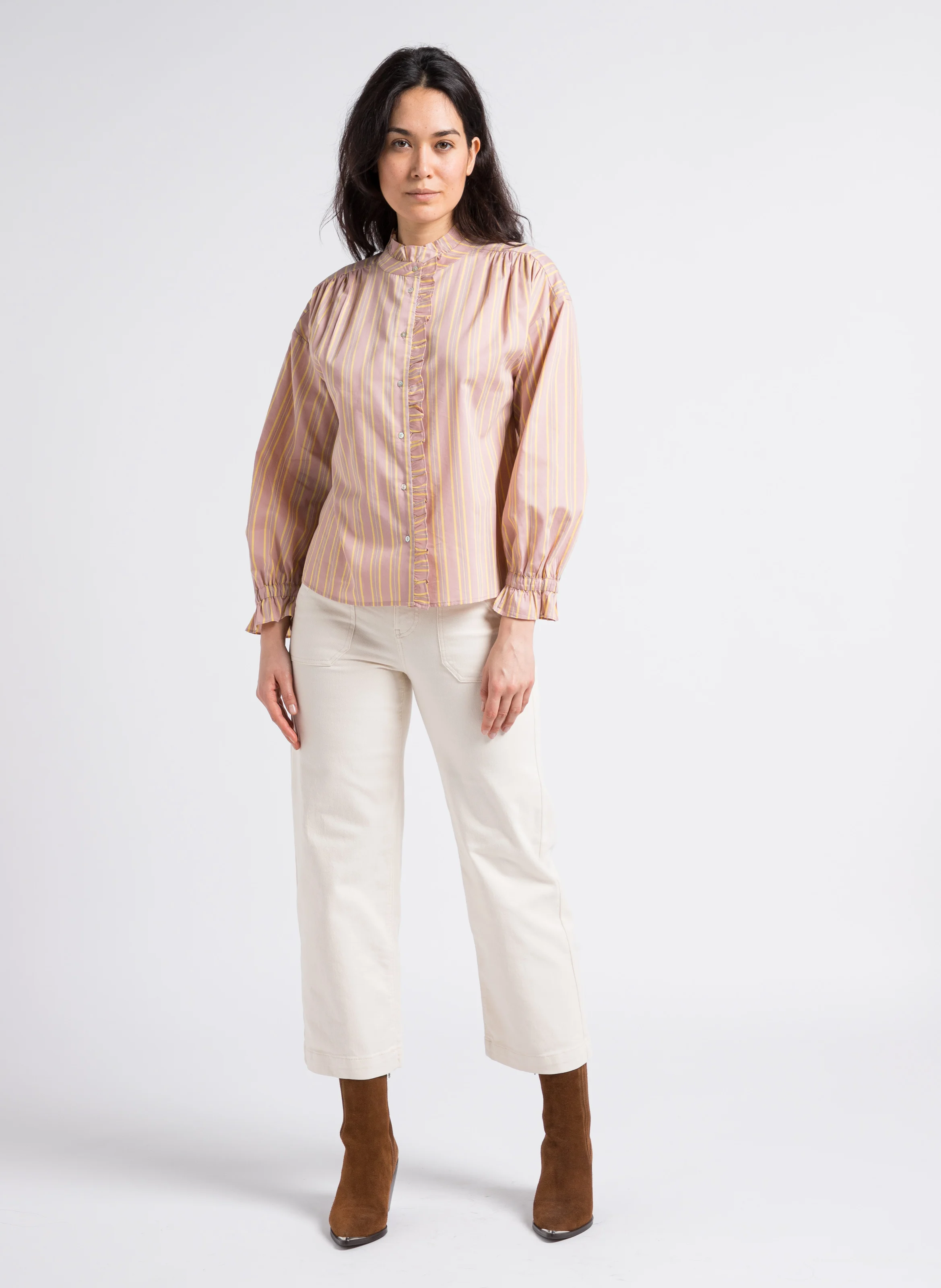 SELYNA - Jean droit taille haute en coton mélangé | Beige