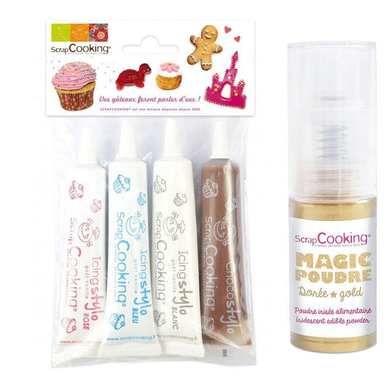4 stylos de glaçage blanc, rose, bleu, chocolat + Poudre alimentaire i