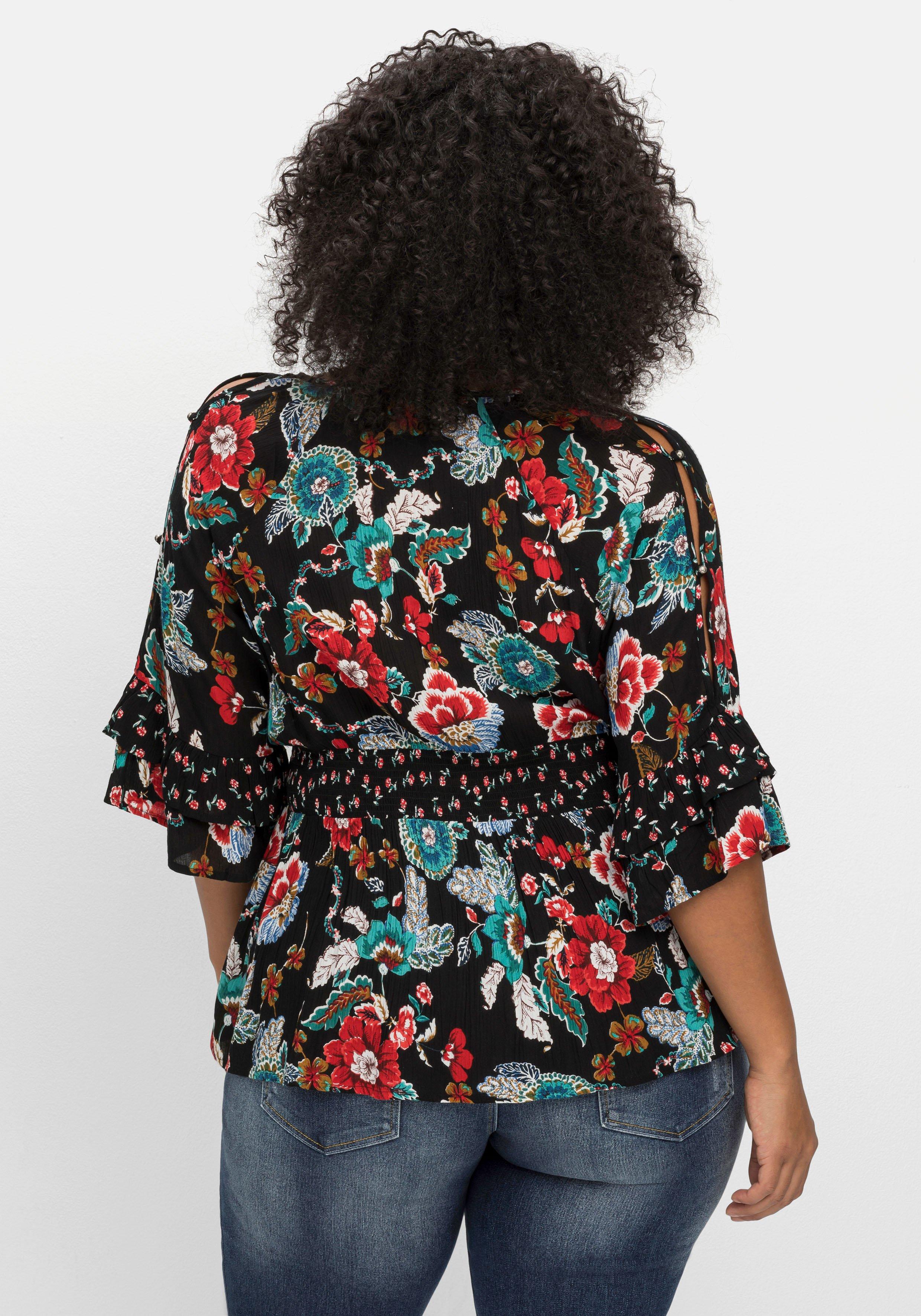 Tunika mit Cut-outs, Smokbund und Blumenprint