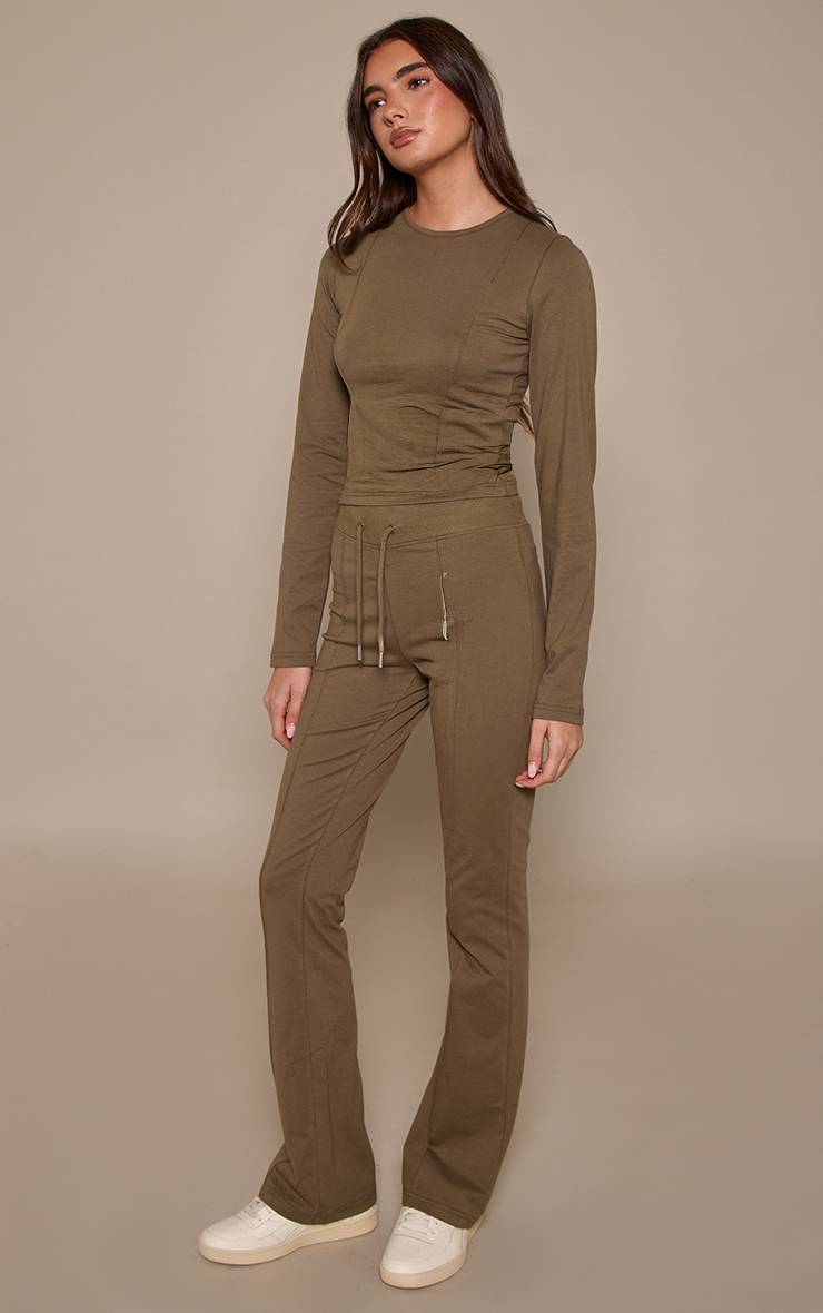 Sage Khaki Pantalon Évasé Skinny Taille Mi-haute En Coton Avec Détails De Coutures Coordonné