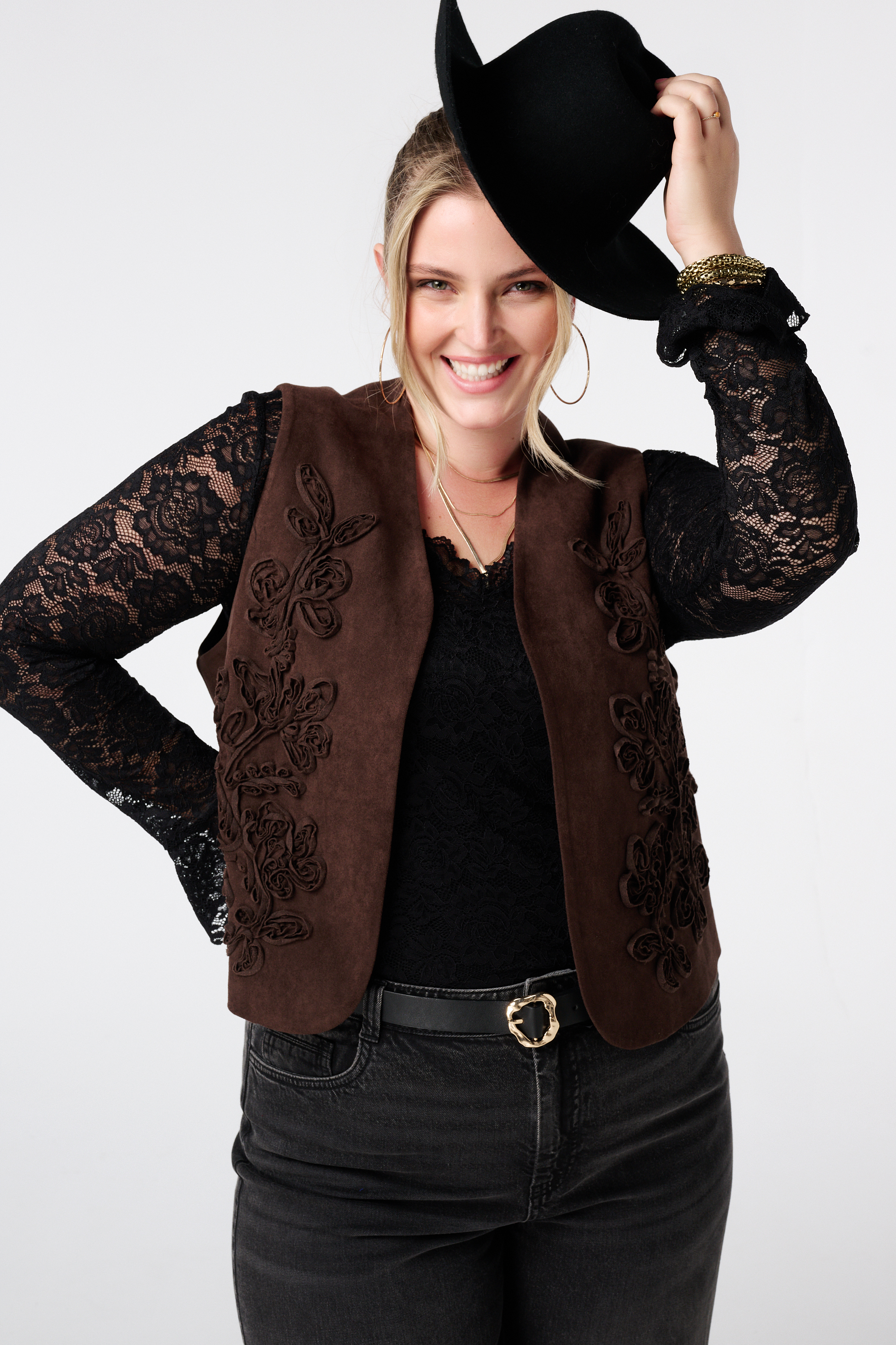 Gilet in suède look met broderie Donker bruin
