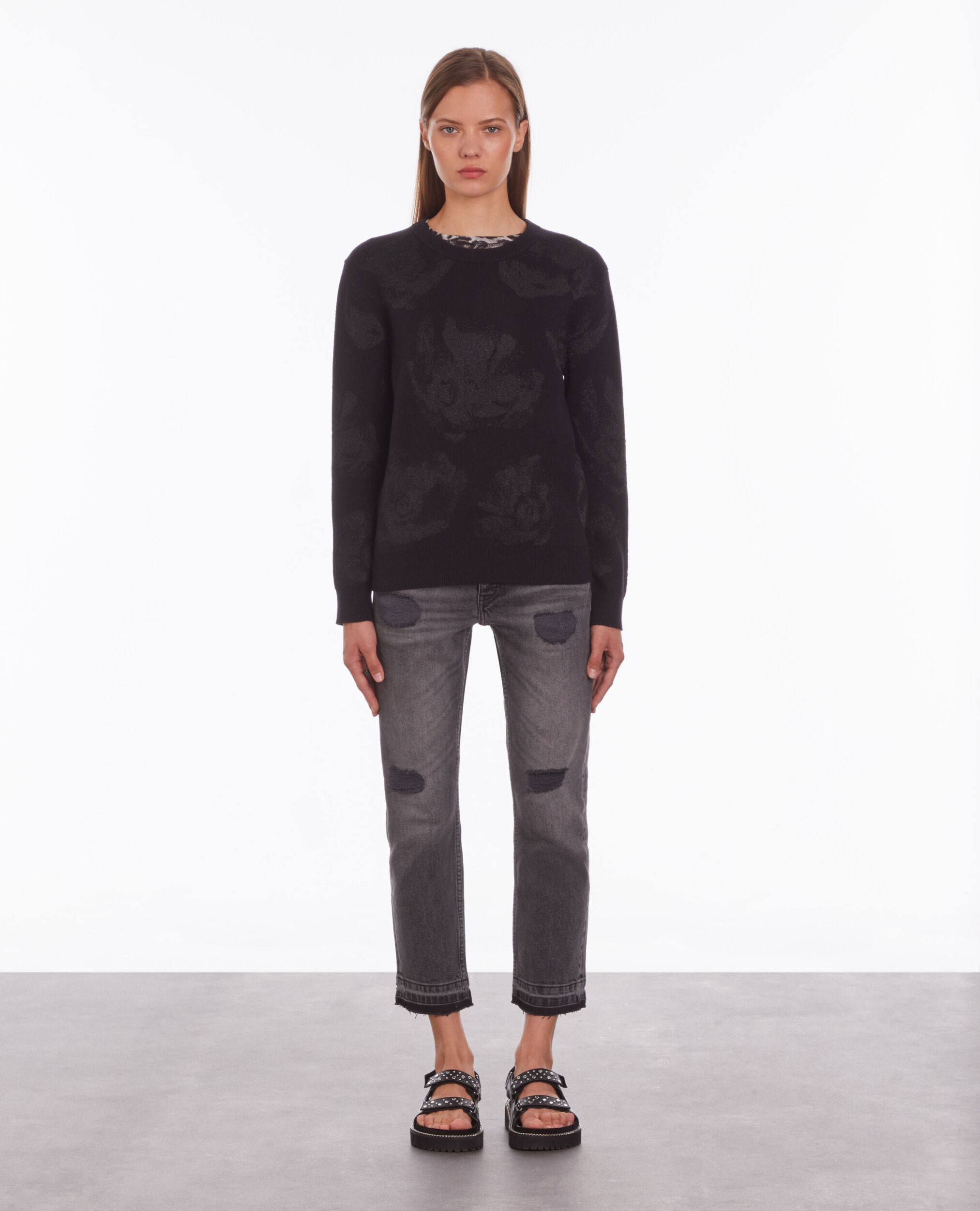 Pull noir en laine mélangée avec motifs en lurex