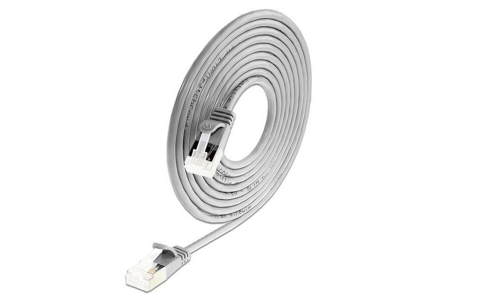 Slimpatchkabel RJ-45 - RJ-45, Cat 6A, U/FTP, 1.5 m, GrauGeschirmtes Cat 6A flaches Twisted-Pair-Kabel (U/FTP) mit Klinkenschutz und vergoldeten RJ-45 Steckern