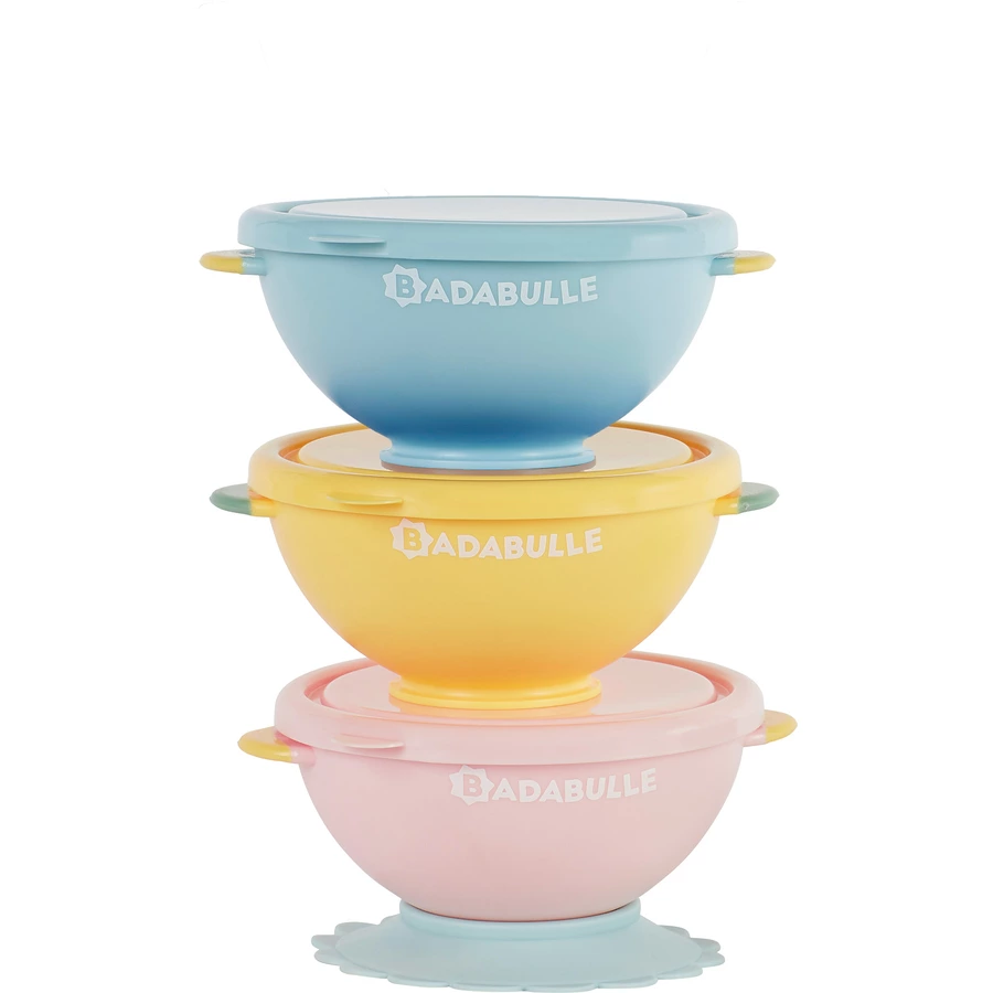 Badabulle Schale Funcolor Bowls mit Deckel und Saugnapf 3-er Set