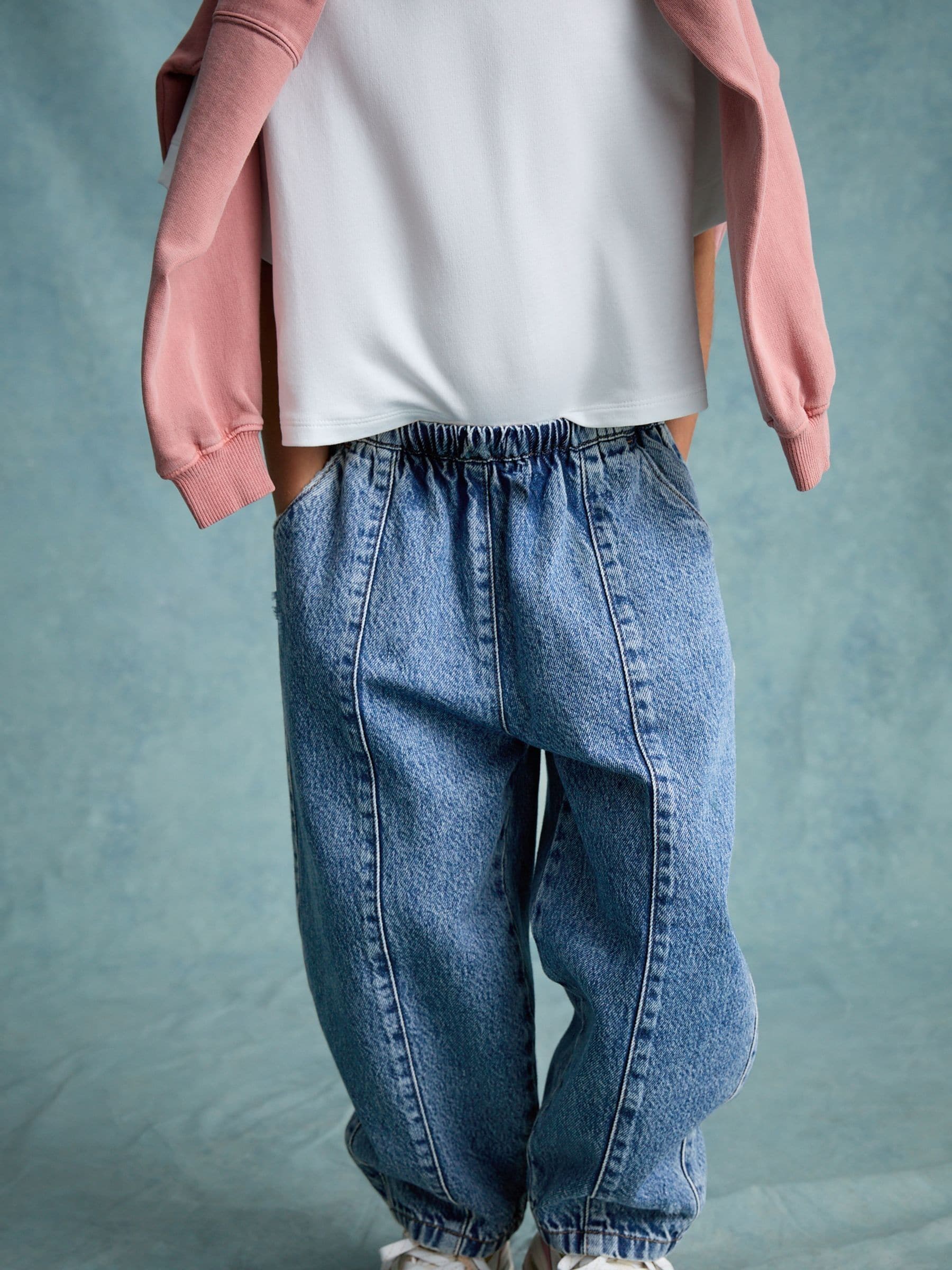 Middenblauw denim - Barrel jeans met elastische taille (3-16jr)