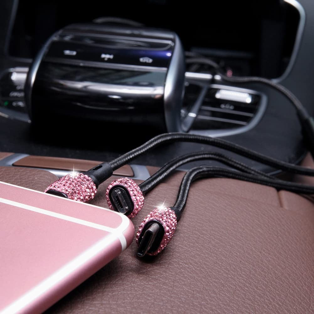 (1.2m) 3in1 Glitzer USB A auf Lightning / Micro USB / USB C Nylon Ladekabel   Dual KFZ Ladegerät - Pink
