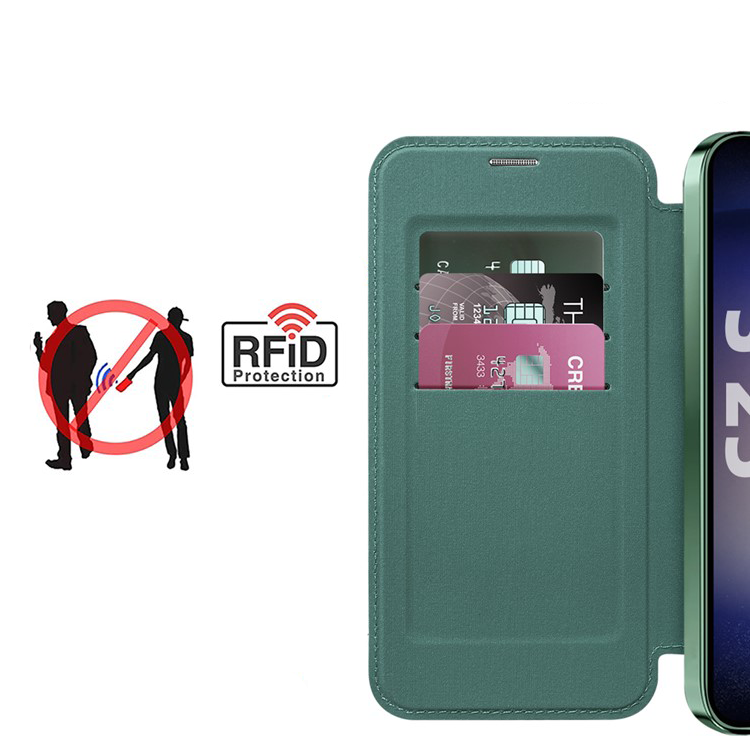 Samsung Galaxy S25 Hybrid Leder Tasche   Kunststoff Rückseite MagSafe-Modul (RFID Schutz) - Grün / Transparent