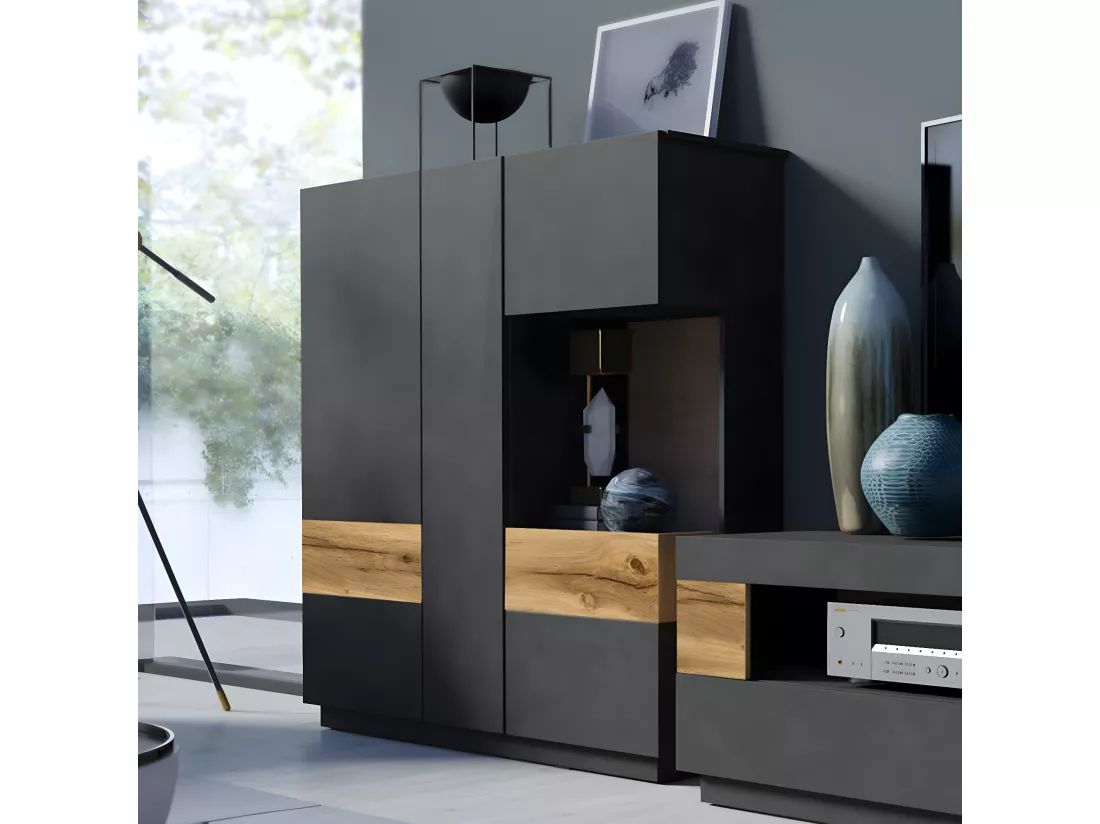 Vaisselier 3 portes Andrea Gris anthracite et Bois