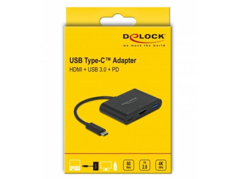 Delock Multiadapter USB Type-C – HDMI, USB3.0-A, USB-C-PD s Delock USB Type-C Adapter zu HDMI 4K 30 Hz mit USB Typ-A und USB Type-C PD
