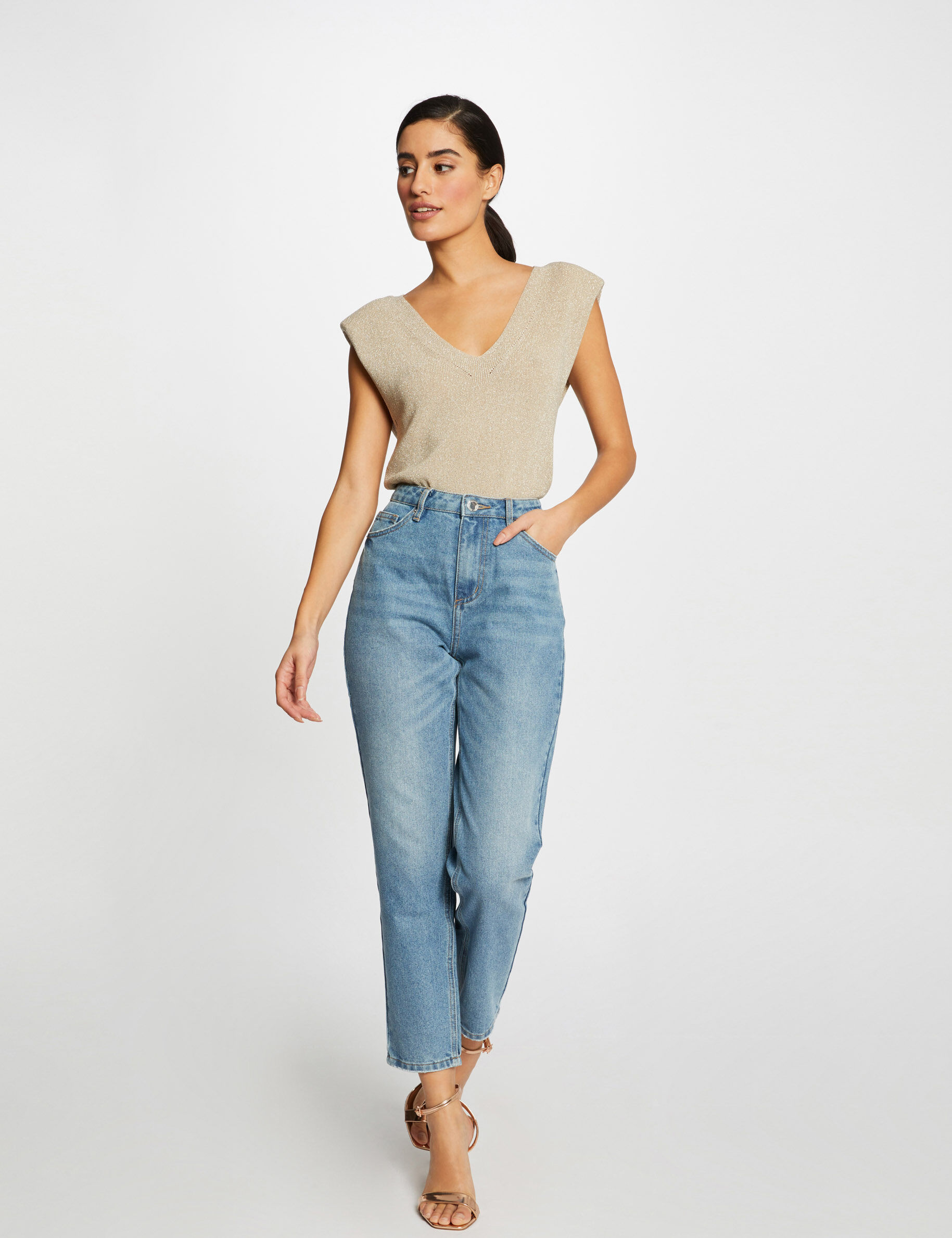 Pull manches courtes à épaulettes beige femme - beige