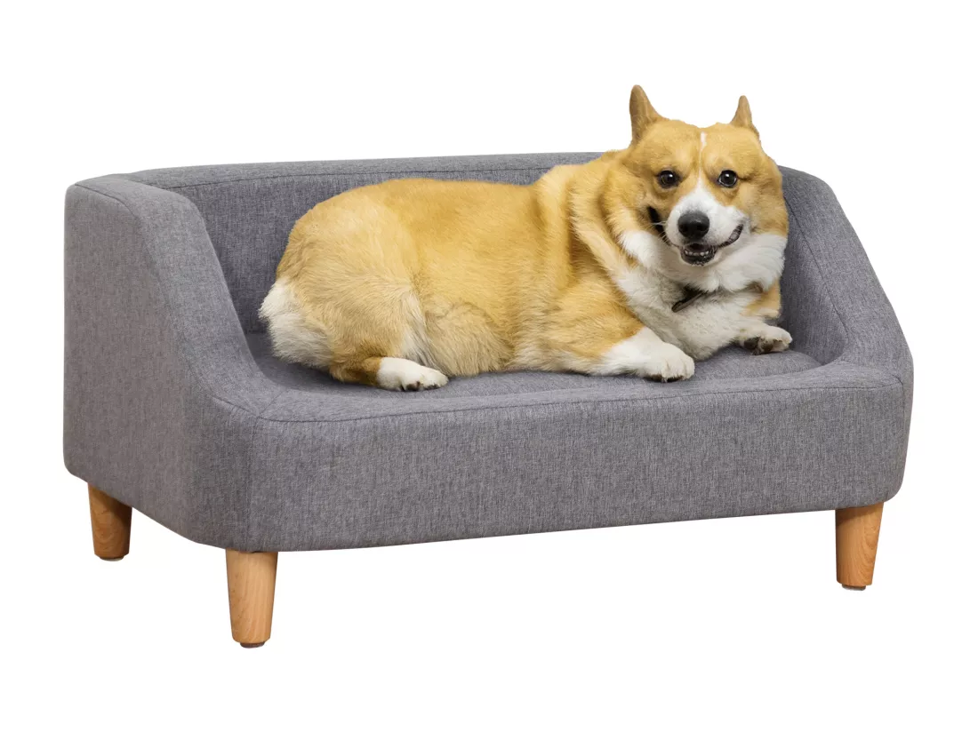 Canapé chien lit pour chien design scandinave déhoussable dim. 75L x 55l x 39H cm pieds bois tissu polyester gris