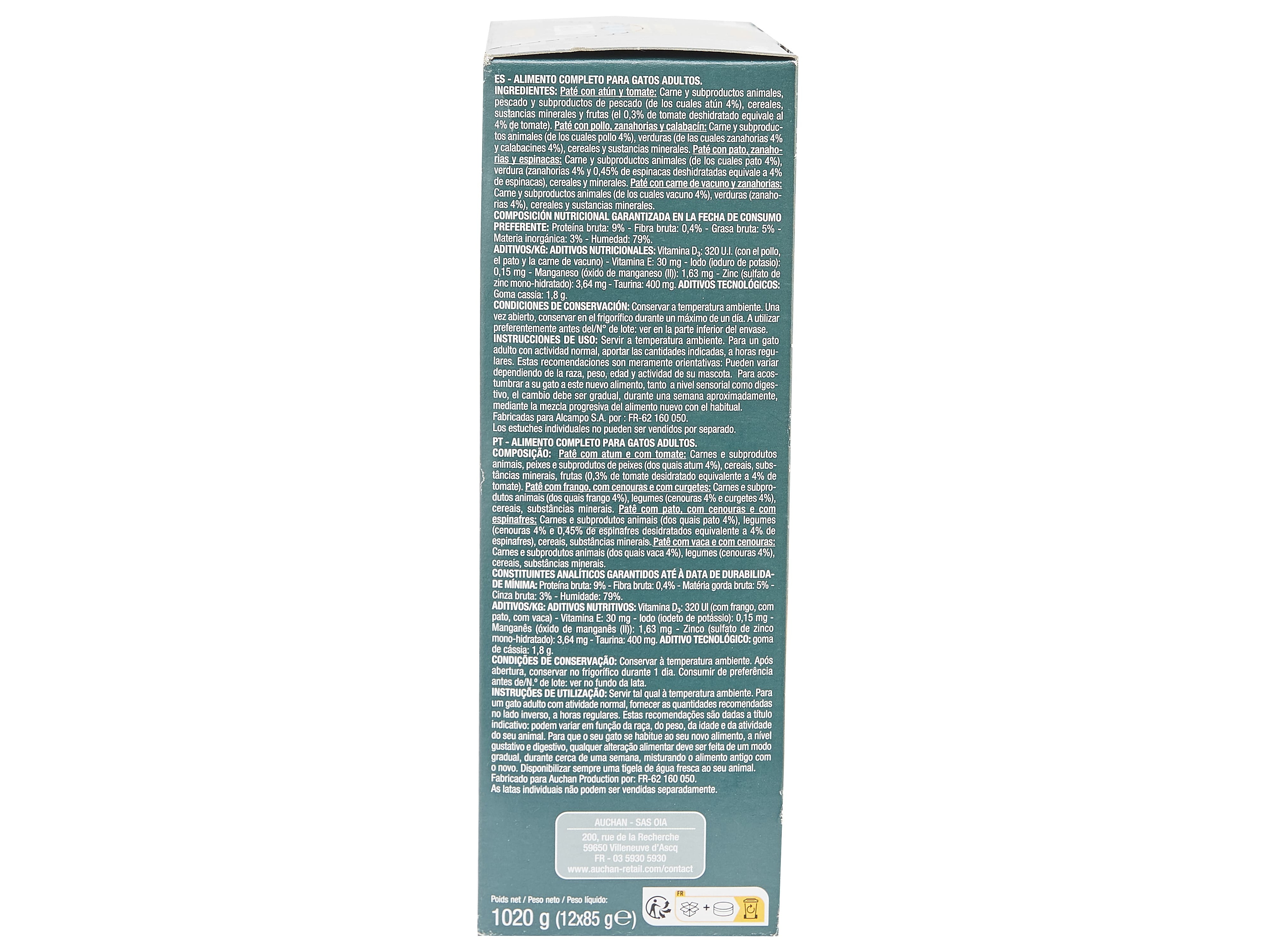 COMIDA HÚMIDA PARA GATO AUCHAN TERRINAS PEIXE E CARNE 12X85G