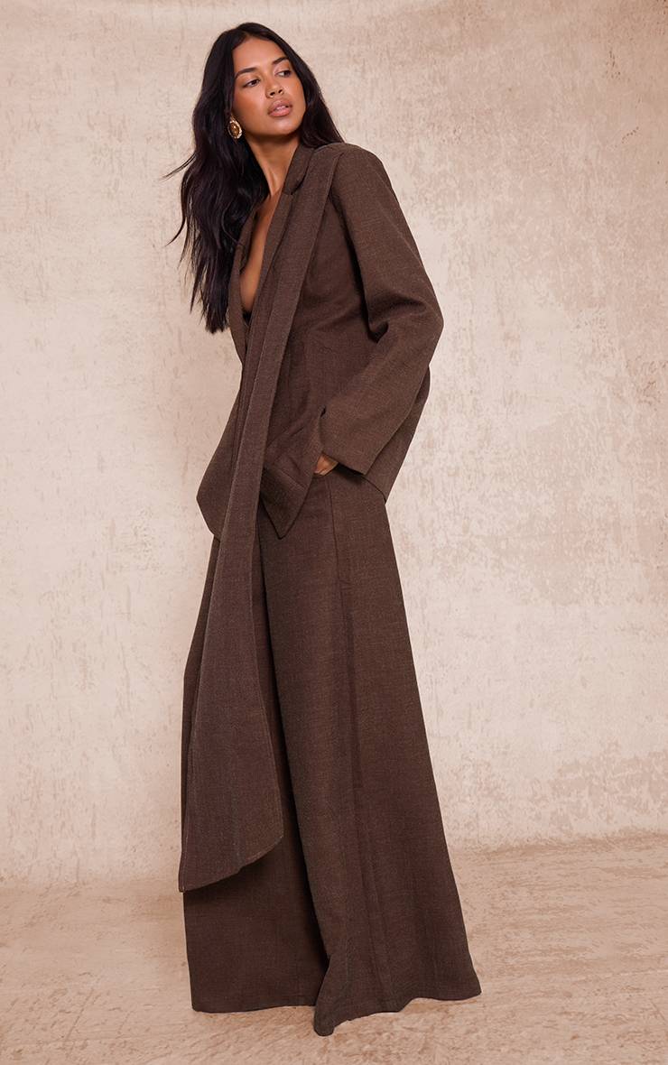 Dark Chocolate Blazer Oversize Coordonné Avec Détail Foulard Drapé Tissé
