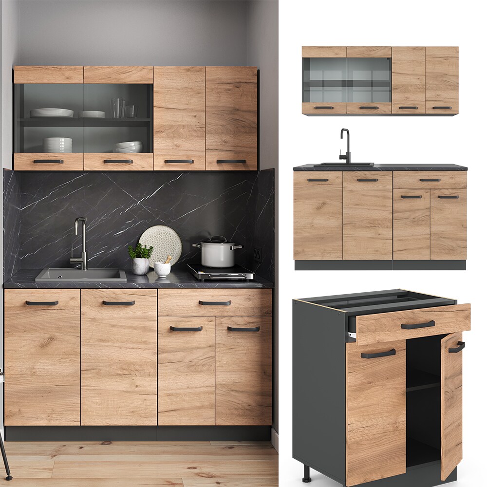 VICCO Küchenzeile R-LINE SINGLE Einbauküche 140 cm Küche Küchenblock Singleküche Anthrazit Eiche
