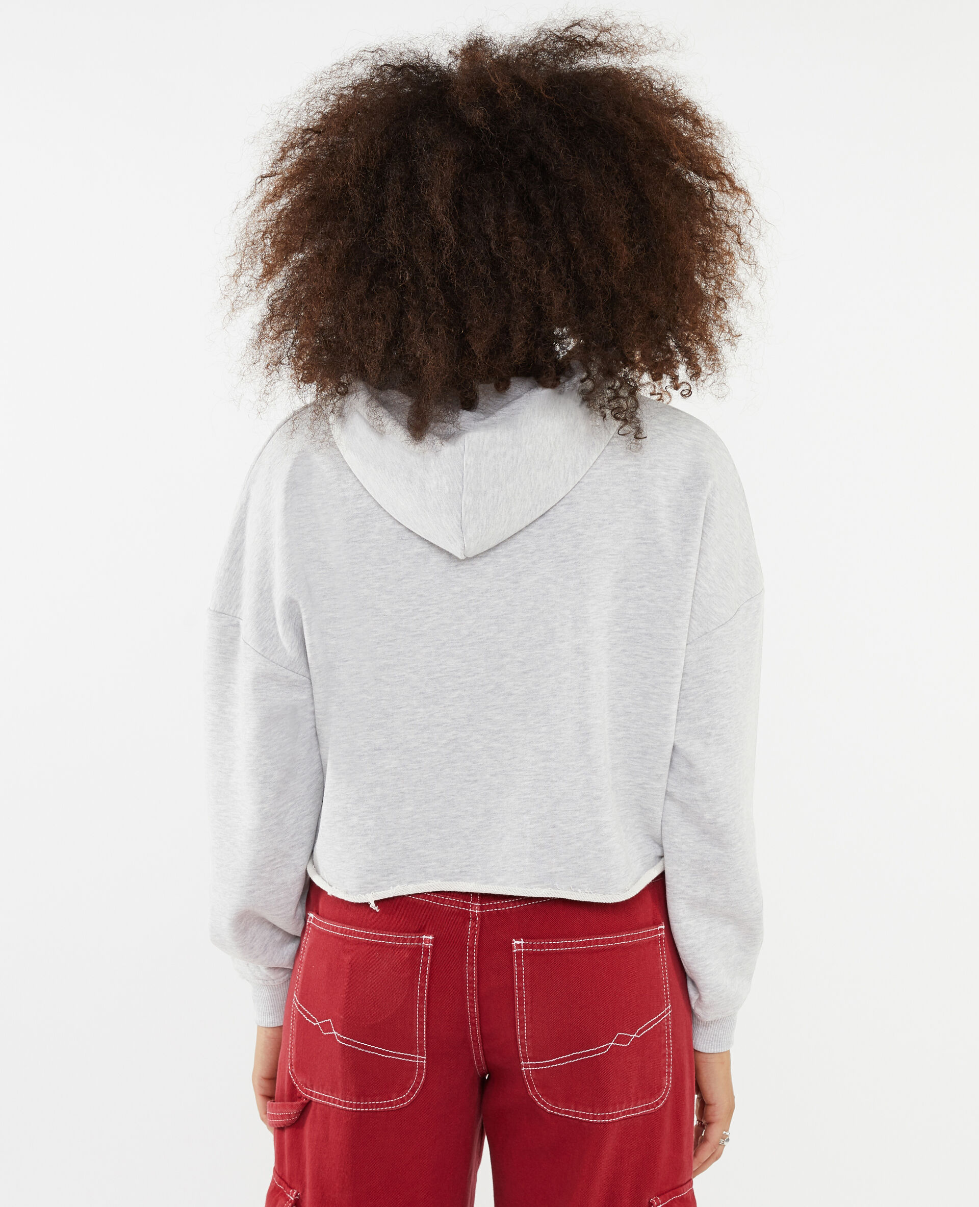Sweat capuche cropped avec print devant - Gris chiné