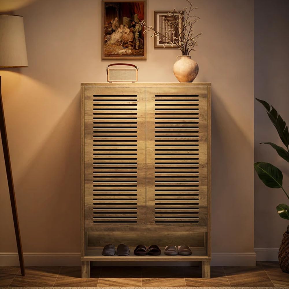 Tribesigns 6-stöckiger Schuhschrank mit 2 Shutter Türen, 73x35x109cm, 24 Paar Bauernhaus-Schuhschrank mit verstellbaren Regalen,Schuhaufbewahrung aus Holz für Eingangsbereich, Wohnzimmer, helle Eiche