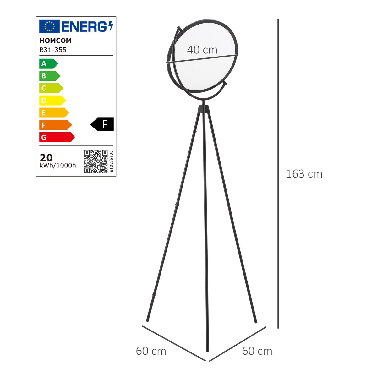 HOMCOM staande lamp, 60 x 60 x 163 cm, ABS, zwart