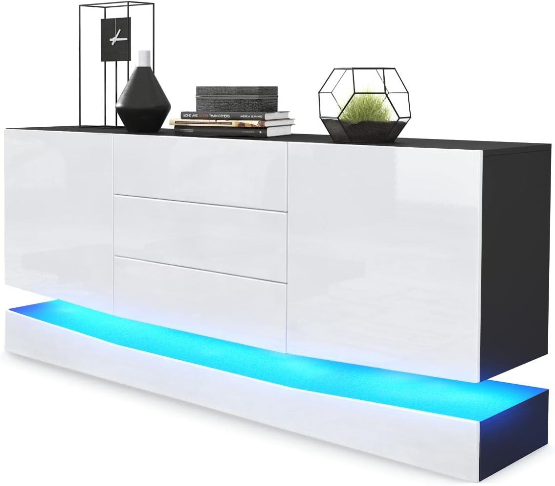 Vladon Sideboard City, Made in Germany, Schwarz matt/Weiß Hochglanz inkl. LED - Moderne Kommode für Ihr Wohnbereich (178 x 72 x 38 cm)