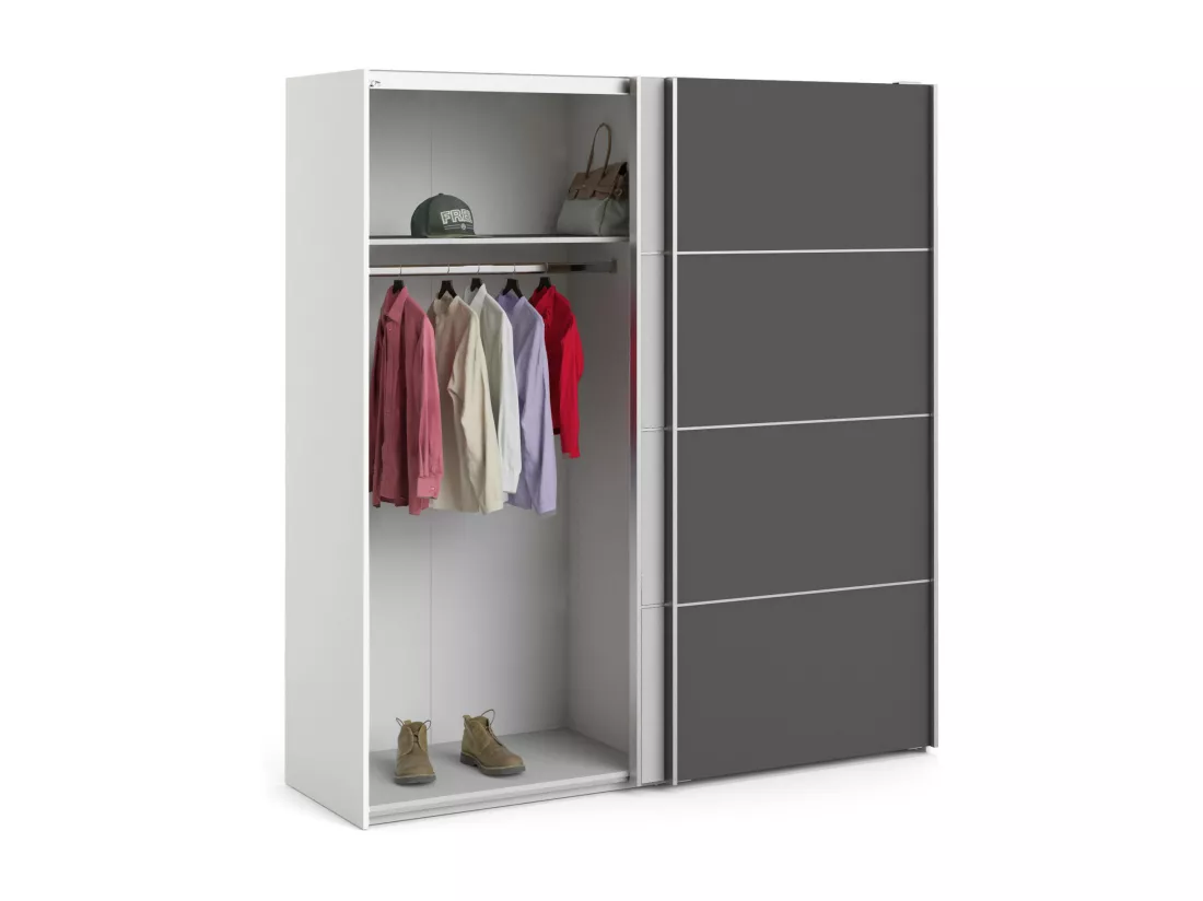 Garde-robe 2 portes Anela, Meubles de chambre, Penderie de plain-pied, Placard à vêtements, 182x64 h202 cm, Gris et Blanc