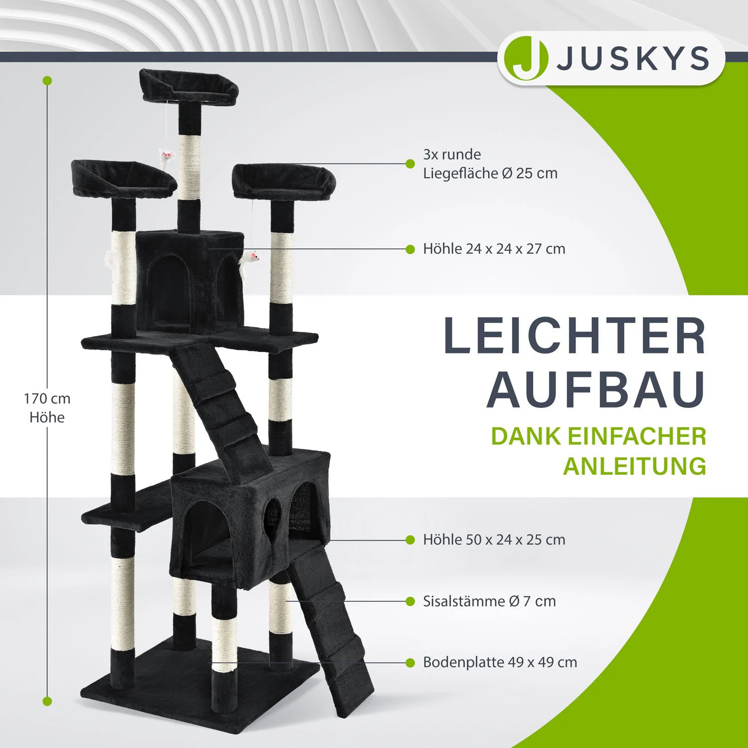Juskys Kratzbaum Amy Schwarz – Katzenbaum mit Höhlen, Liegeflächen, Leitern & Sisal-Stämmen