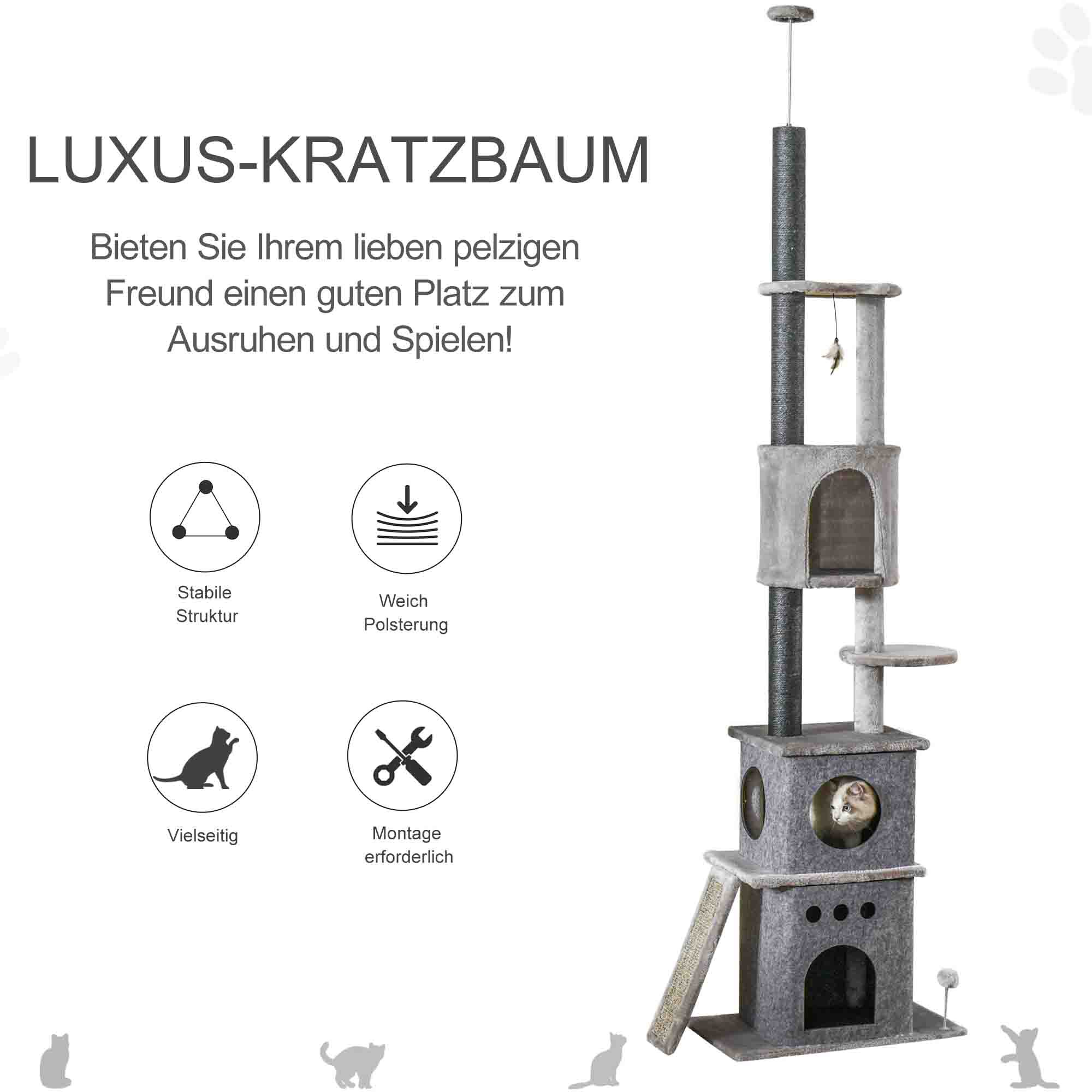 PawHut Kratzbaum Höhenverstellbar und mit Katzenspielzeug grau 60L x 40B x 225-255H cm