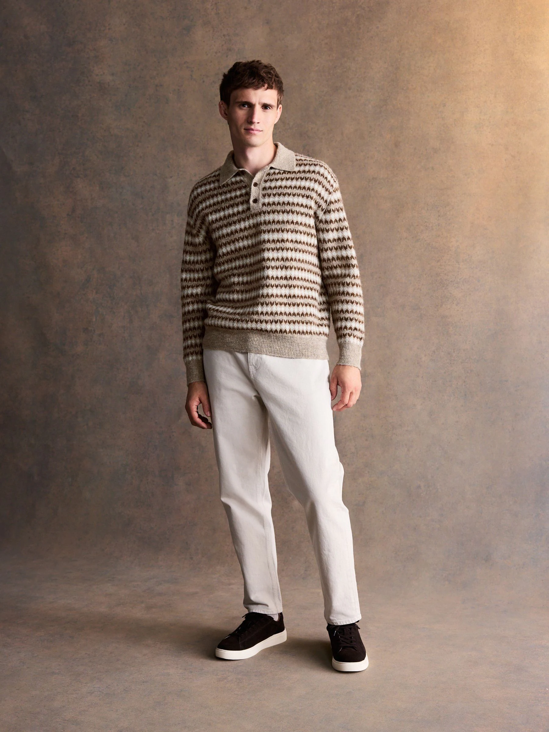 Neutraal - Regular fit poloshirt met fairisle-strepen, lange mouwen, gebreid met wol