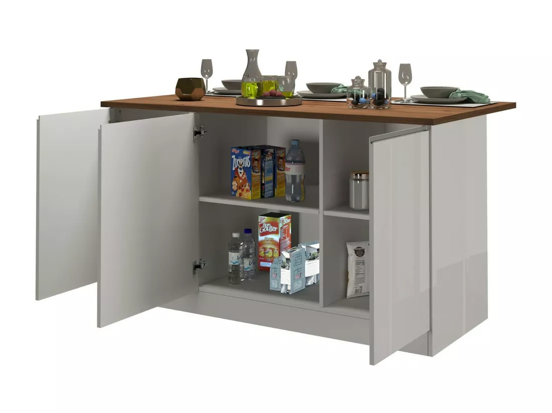 Îlot de cuisine Dcarnelo, Armoire polyvalente, Meuble de kitchenette, Table auxiliaire, 100% Made in Italy, 155x90h90 cm, Blanc brillant et chêne