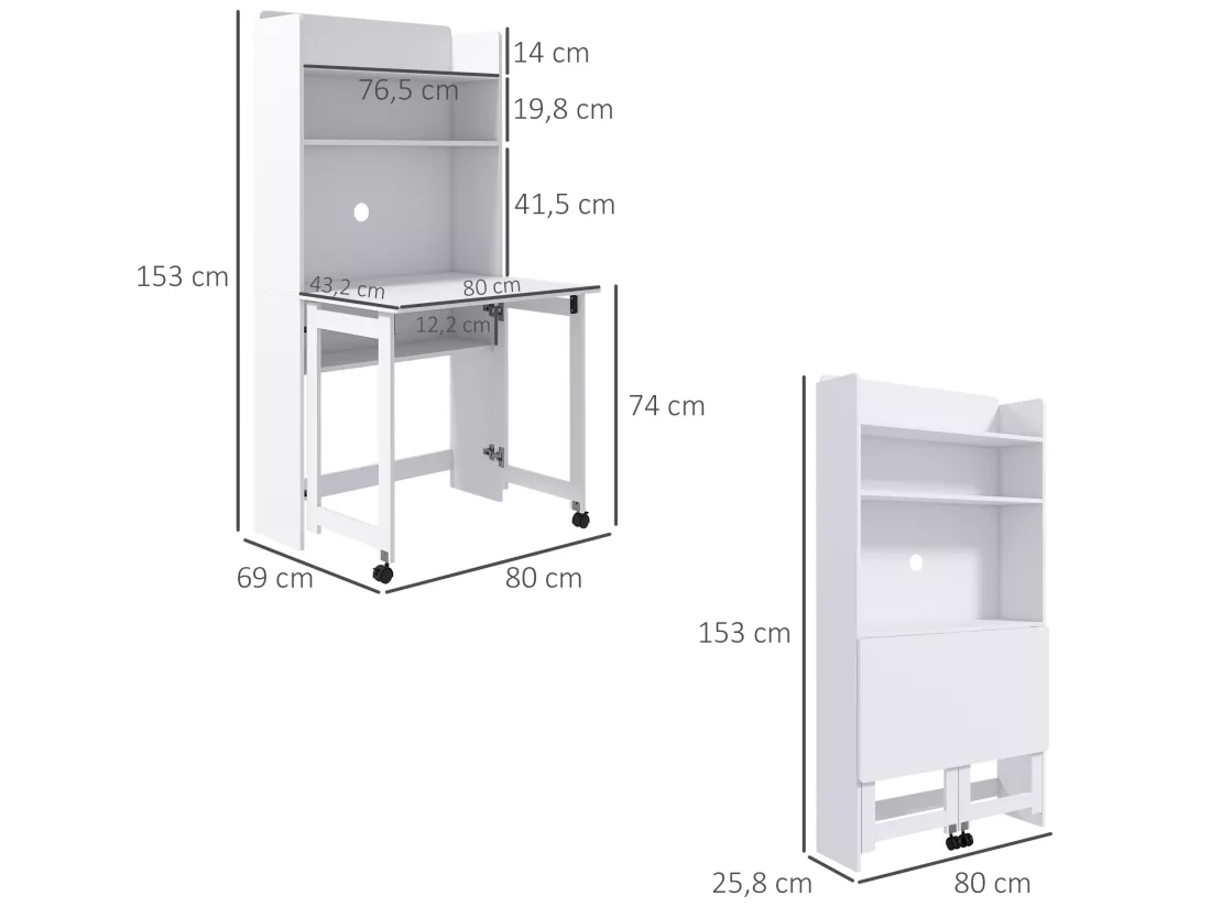 Bureau mural pliable table murale rabattable suspendue sur pied avec bibliothèque 3 étagères MDF blanc