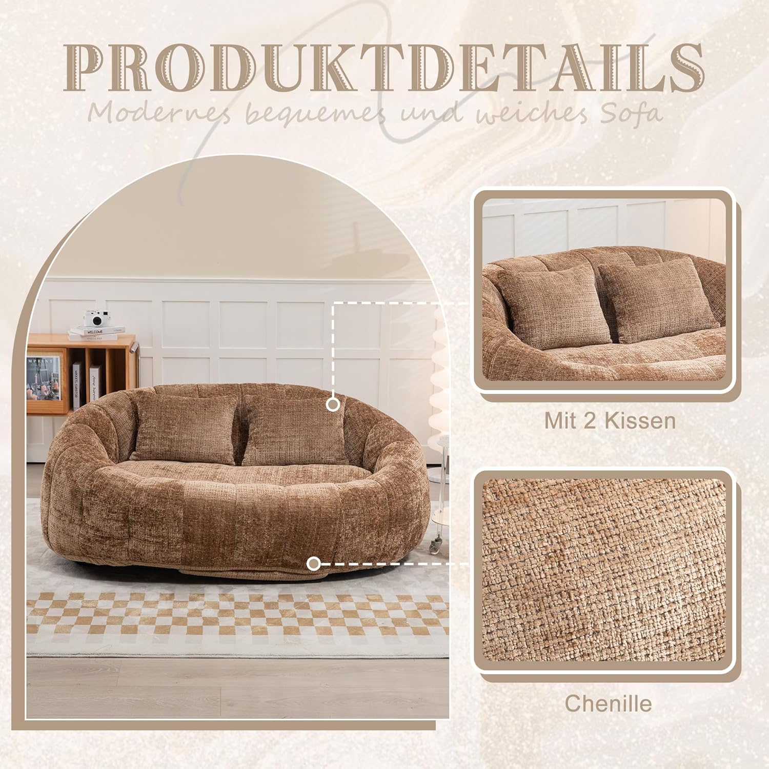 okwish Schlafsofa Sitzsack mit 2 Kissen, Relaxsessel mit Dicke Polsterung, Ecksofa, Extrabreit Lazy Sofa für Erwachsene & Kinder, Chenille-Stoff, Kaffee