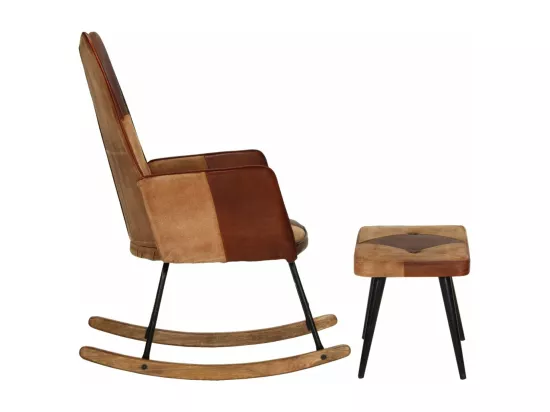 Chaise à bascule et repose-pieds Marron Cuir véritable et toile